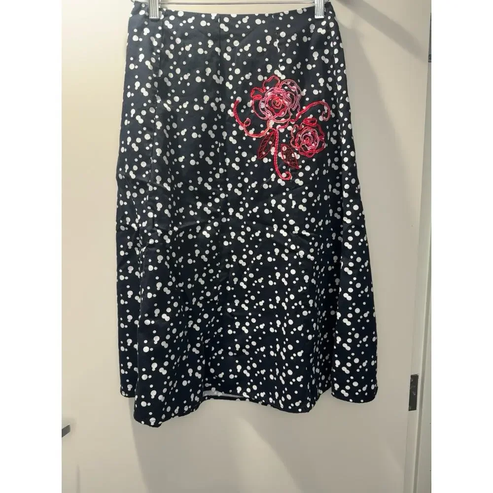 Susan Bristol Embroidered Rose Polka Dot Midi Skirt Size 4 Cottagecore